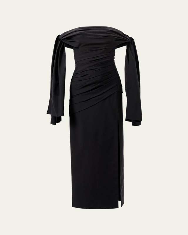 Off-Shoulder Tie Draped Midi Dress